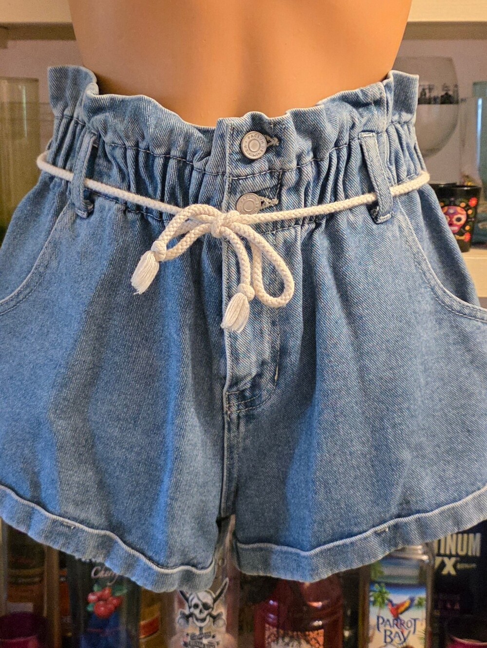 PacSun Y2K Mom Shorts Paperbag Waist Womens M Blue Rope Belt Rolled Cuff EUC
